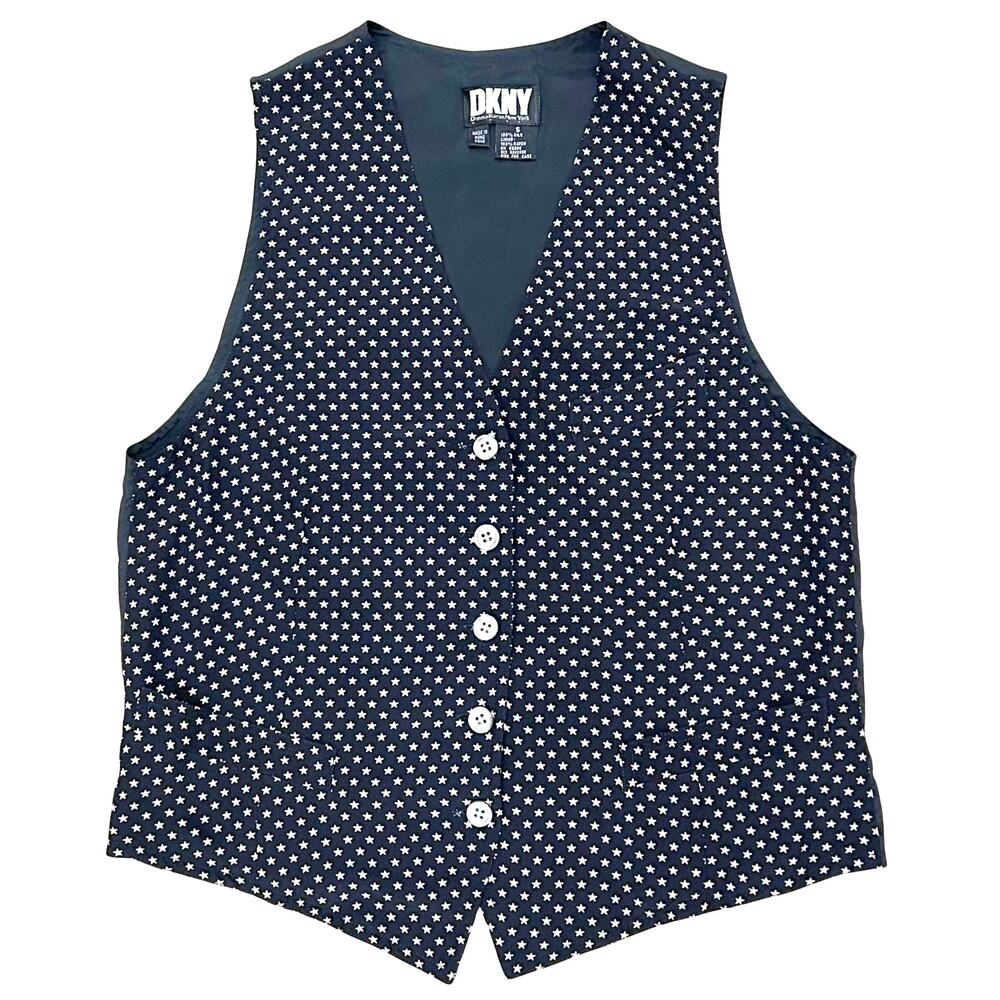 DKNY Vintage 90s Silk Vest Navy Cream Star Print Button Front Lined Size Small